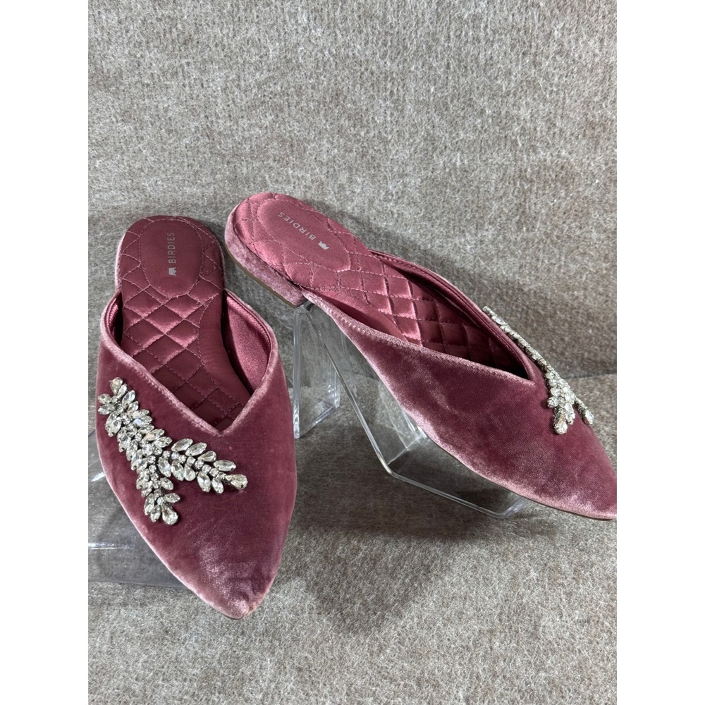 Birdies The Swan Mules Women 7 Pink Velvet Crystal Embellished Pointed Toe